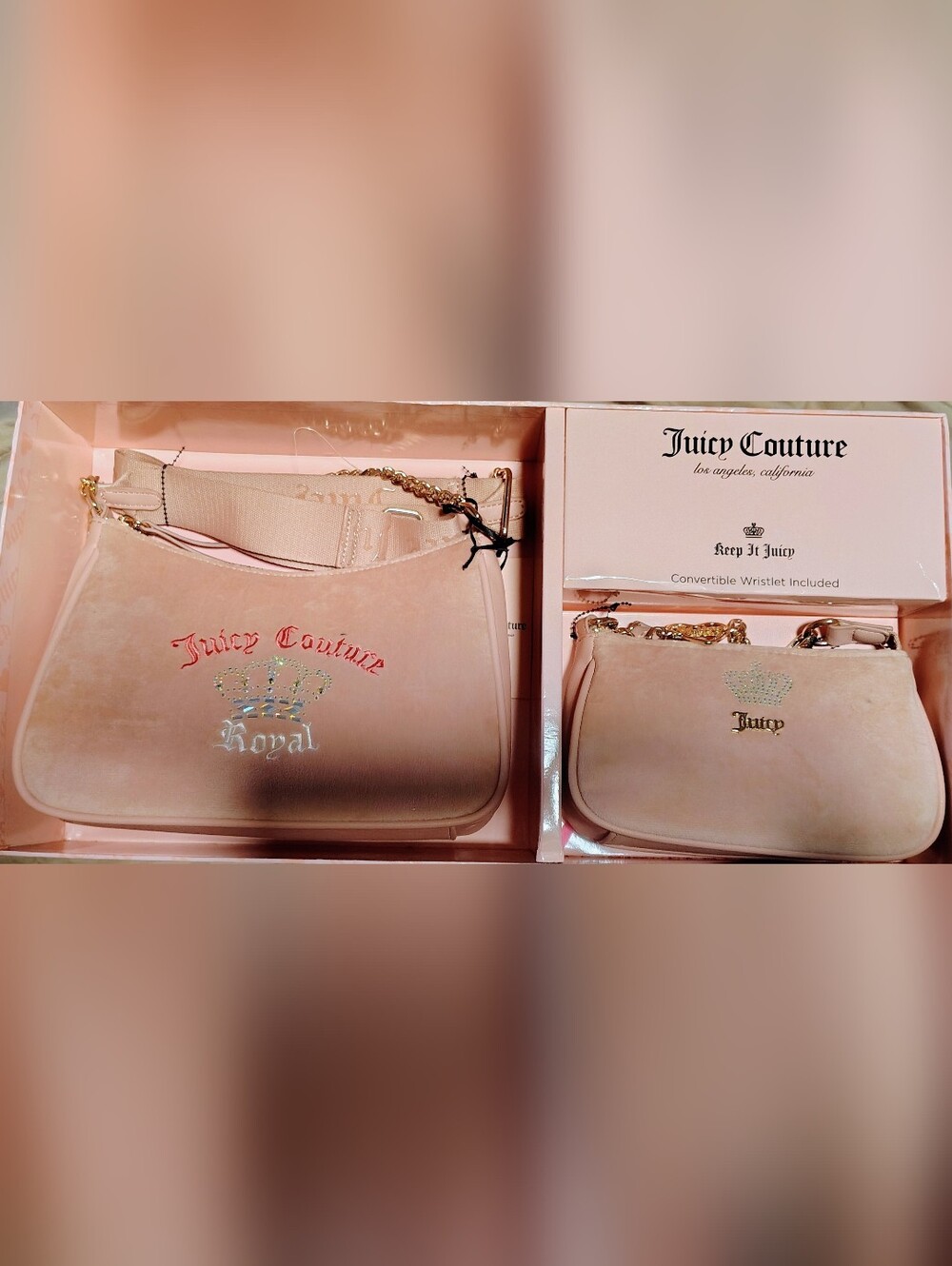 Juicy Couture Blush Pink Velvet Shoulder Bag Set with Gold Chain